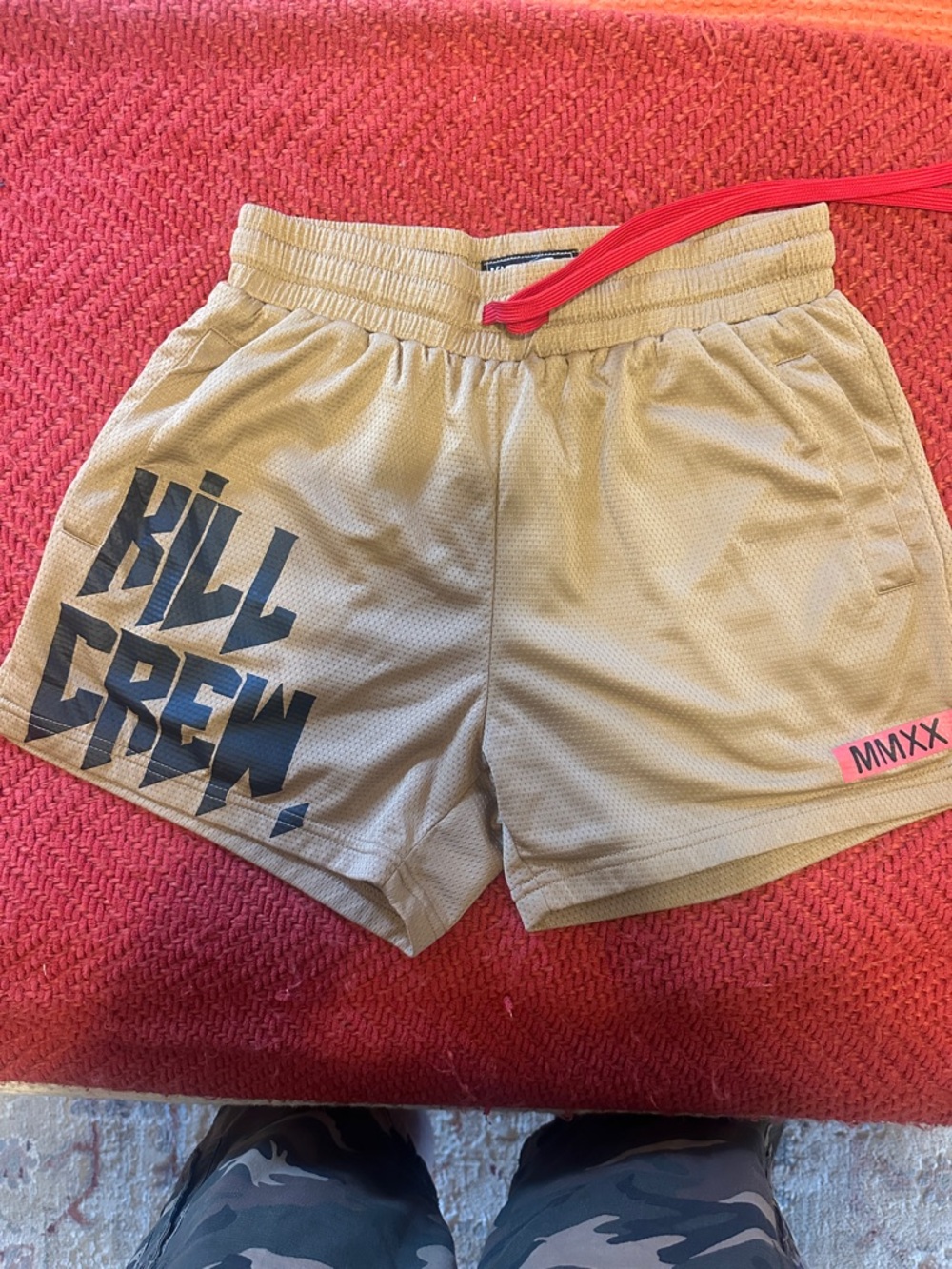 Kill Crew Men's Athletic Shorts in Tan with Black Logo and Red Drawstring